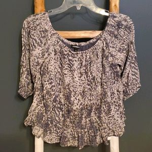 Express flowy top Colorful abstract pattern 3/4 length sheer sleeves ruffled Sma